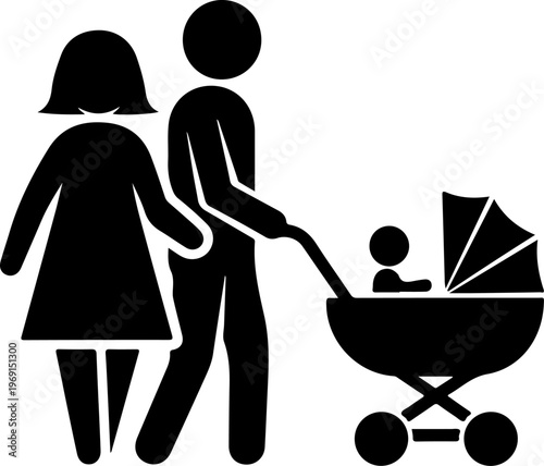 Family, parents, baby stroller, black silhouette icons