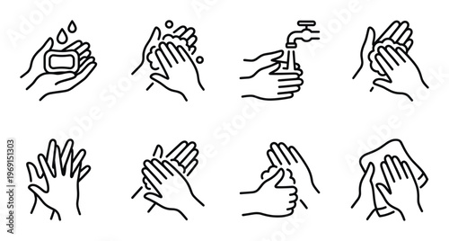 Sanitary hand wash technique icons demonstrating thorough cleaning with soap and water for wellness