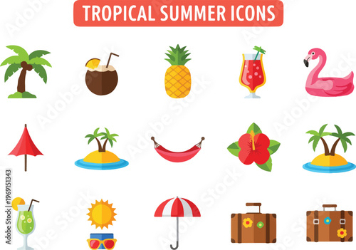 Vibrant Tropical Summer Icons Set Featuring Palm Trees, Coconuts, Pineapples, and Flamingos for Beach and Vacation Themes
