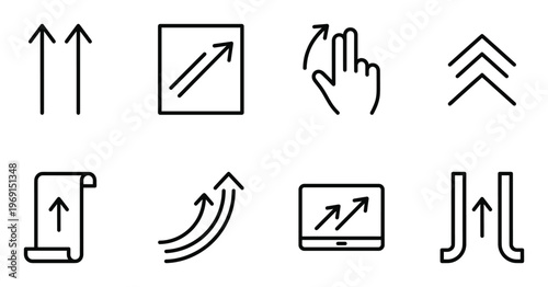 Set of arrow icons indicating movement and growth upward direction expansion rotation and progress