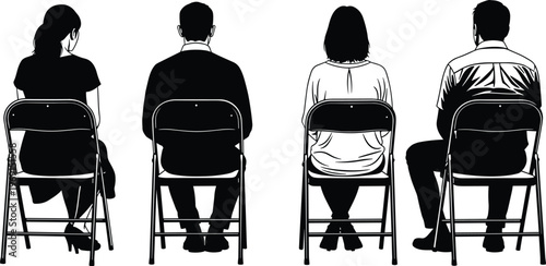 Back view of four seated people on folding chairs silhouettes minimal black white illustration isolation, social distancing concept group composition