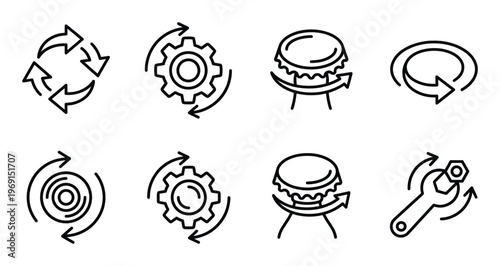 Set of black line rotating arrow and gear icons vector on transparent background. motion symbols