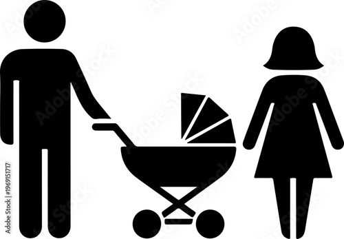 black, family, parents, baby stroller, vector icon