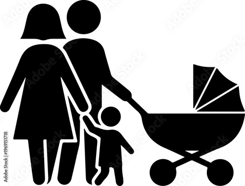 Family, parents, and baby stroller, black silhouette vector icons