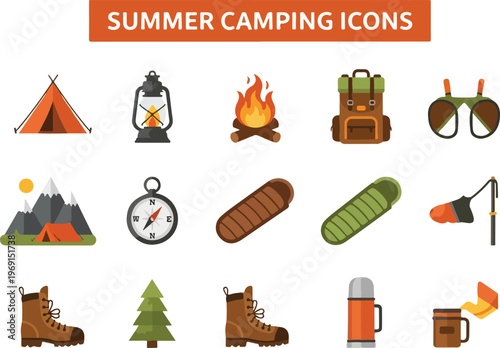 Set of summer camping icons including tent, lantern, campfire, backpack, binoculars, compass, sleeping bag, boots, and thermos
