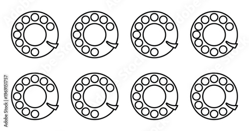 Set of black line rotary phone dial vector icon on transparent background. retro telephone dial