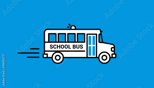 Cartoon School Bus Moving Fast on Blue Background, Vector Illustration