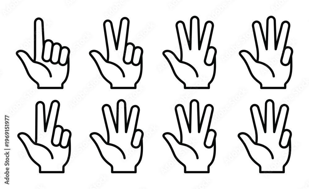 Obraz premium Set of black outlined hands gesturing different numbers and signals on transparent background