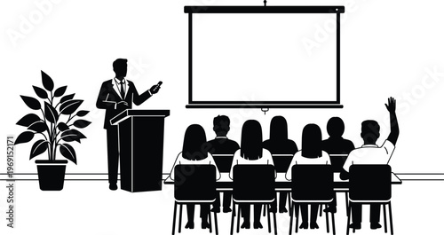 Business presentation silhouette speaker at podium addressing audience in conference room vector illustration corporate training seminar meeting concept design