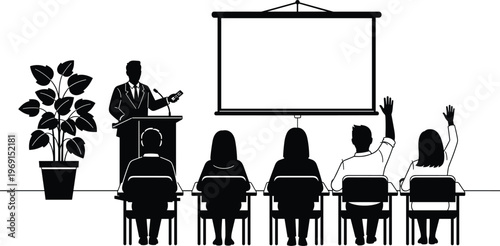 Business presentation silhouette speaker at podium with audience raising hands in conference room vector illustration corporate training seminar concept