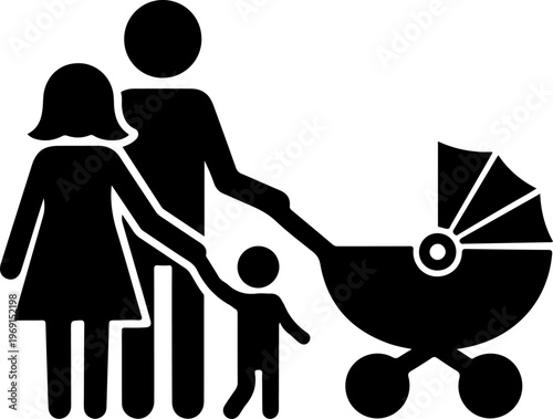 Family, parents, and baby stroller, black silhouette vector icon set