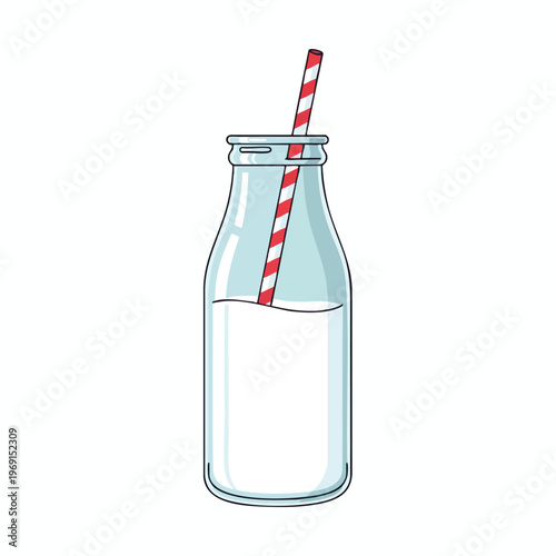 Clear glass bottle filled with white liquid and a red-striped straw