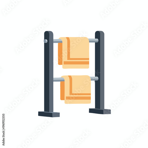 Dark grey rack holding two folded light yellow towels with orange trim