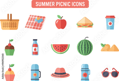 Vector icon set for a summer picnic, featuring food, drinks, and accessories for outdoor enjoyment