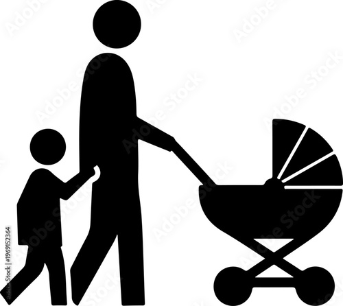 Black silhouette father and child walking with stroller, family icon, parenting symbol, vector illustration