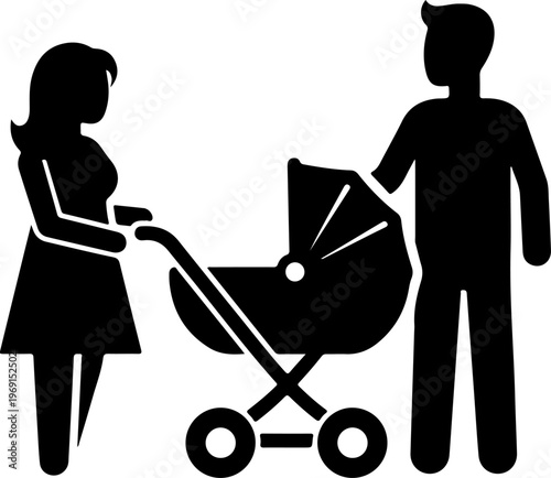 Black silhouette parents, baby stroller, family icon, vector illustration