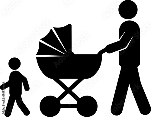 Black silhouette family icons, baby stroller, parent and child, family symbols, vector graphics