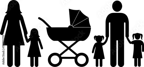 Family, parents, and children silhouettes, baby stroller, black icons, family symbols, vector graphics