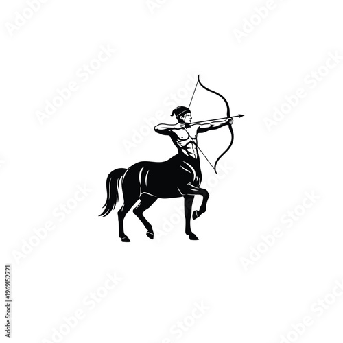 A centaur aims a bow and arrow in a mythological scene with horse and archer.