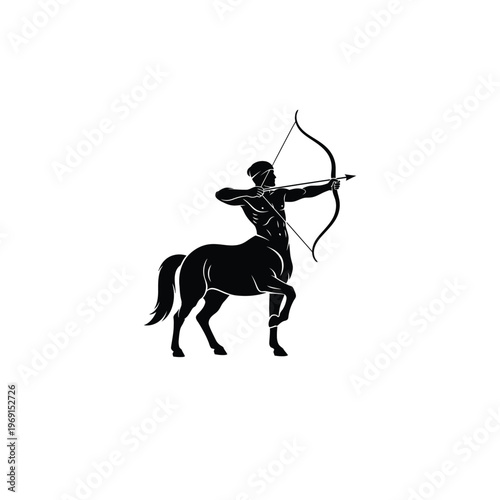 A centaur aims a bow and arrow in a powerful stance outdoors in motion.