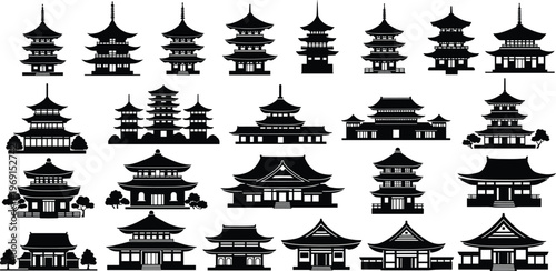 Asian pagoda temple silhouettes collection traditional architecture buildings Japan China heritage black and white vector illustration set design