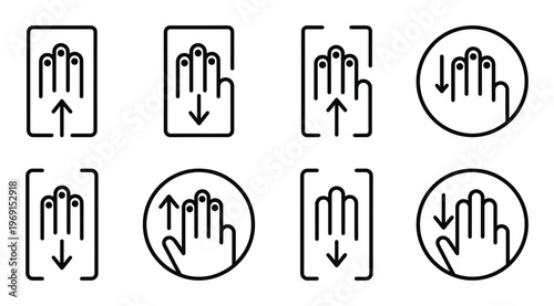 Three finger multi touch gesture icons set for vertical scrolling and window management on trackpad