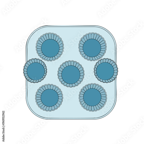 A light blue baking tray with seven round compartments, each holding a blue cupcake liner