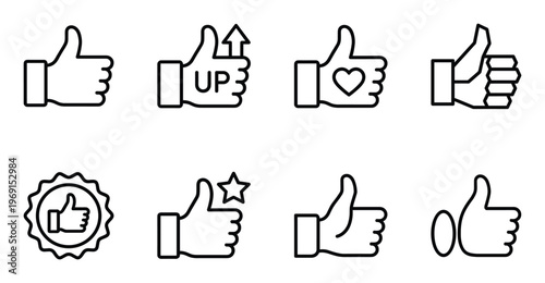 Thumbs up icon set with different variations like heart star and arrow for social media interaction