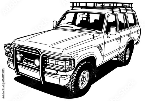 Off-road adventure SUV line art illustration, retro 4x4 expedition vehicle with roof rack and bull bar
