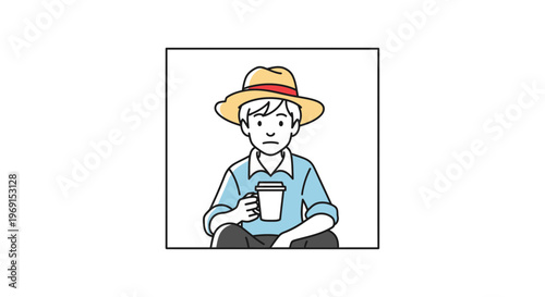 Young Man in Straw Hat Holds Coffee Cup, Looking Thoughtful Outdoors