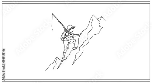 Young hiker climbing a steep mountain with a backpack and fishing rod