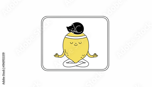 Zen Lemon Meditating with Cat on Head, Yoga, Mindfulness, Calmness, Cute Cartoon