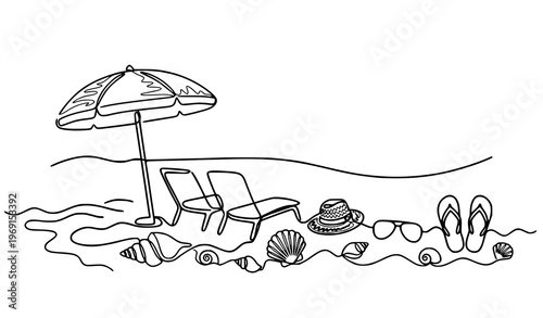 Decorative continuous line summer beach vacation vector with umbrella lounge chairs straw hat sunglasses flip flops isolated on white background