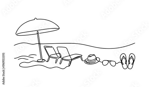 Continuous line summer vacation beach scene vector with umbrella lounge chairs straw hat sunglasses and flip flops isolated on white background