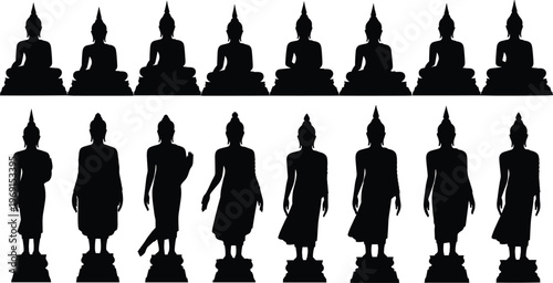 Buddha silhouette collection sitting and standing meditation poses spiritual Buddhist statues black and white vector illustration calm peaceful set