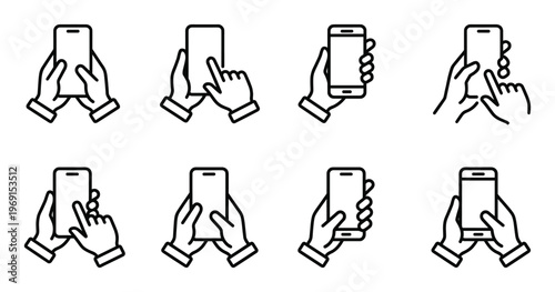 Vertical mobile phone gestures icon set with hands touching screen for app navigation and scrolling
