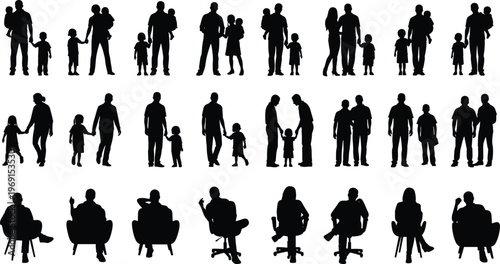 Family silhouettes vector set parents children sitting standing poses isolated people collection for lifestyle relationship parenting concept illustration design
