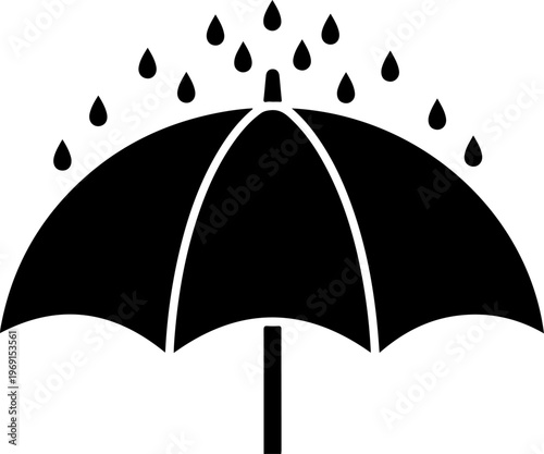 Black umbrella icon, rainy weather symbol, vector rain droplets, waterproof shelter sign