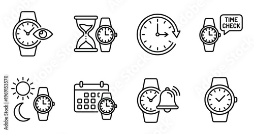 Wrist watch set with clock time management symbols and schedule planning icons in thin line design