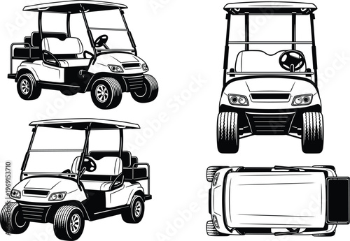Golf cart vector illustration set different angles isolated electric buggy vehicle design for resort transportation utility mobility concept graphic