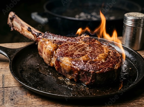 A perfectly cooked tomahawk steak seared in a cast iron skillet with flames licking the sides