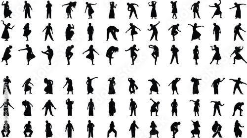 Large collection of dancing people silhouettes in various poses, expressive movement set isolated on white background vector illustration design