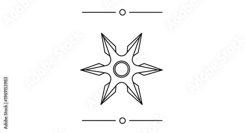 Black and white outline illustration of a shuriken, ninja star, with decorative lines and circles