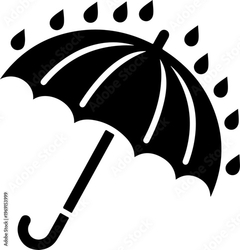 Black umbrella icon, rainy weather symbol, vector rain droplets, waterproof shelter sign