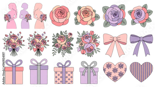 Vibrant collection of floral-themed gift boxes and wrapping papers in pastel colors