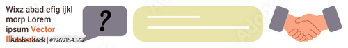 Business partnerships, communication, collaboration, problem-solving, negotiation, teamwork. A speech bubble with a question mark, text box and handshake icon. Business partnerships