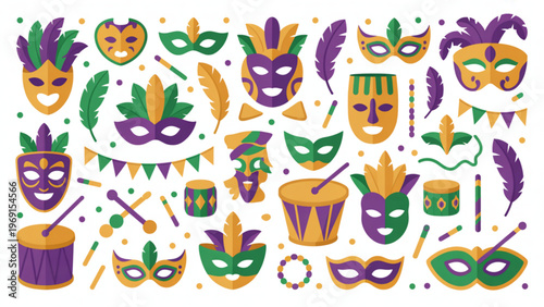 Colorful assortment of traditional mardi gras and carnival masks and accessories