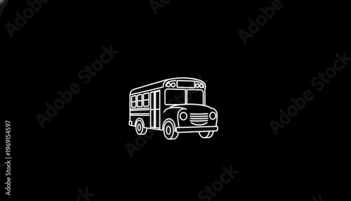 White school bus illustration on black background, simple cartoon style
