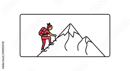 Woman hiker climbing steep mountain with backpack, adventure and achievement concept