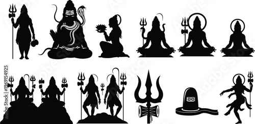 Hindu gods silhouettes Shiva Ganesha meditation trident lotus black vector illustration isolated spiritual deity collection religious symbol design